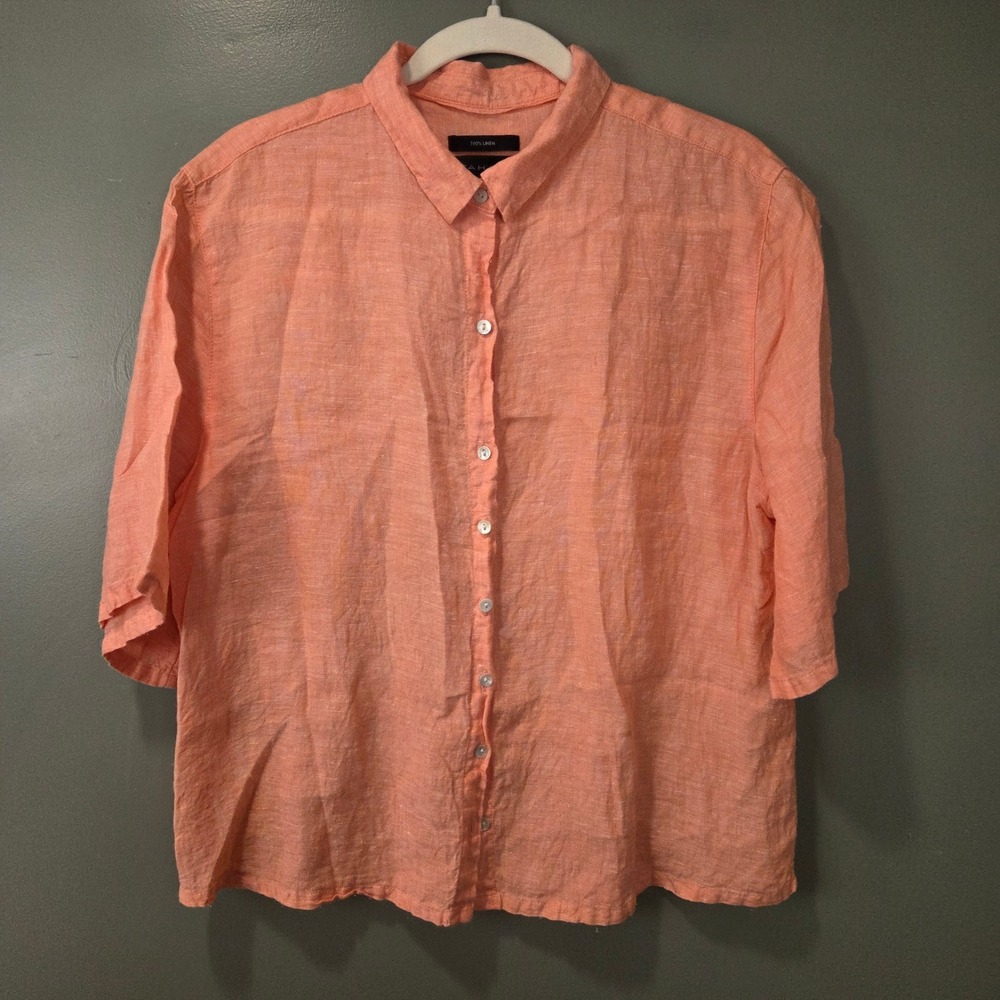 Tahari‎ Women's 100% Linen Half Sleeve Button Up Shirt Size L Salmon Pink